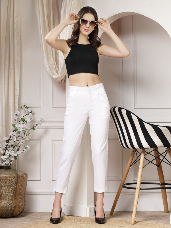 Indibelle Viscose Lycra Premium Straight Fit Trousers (White)