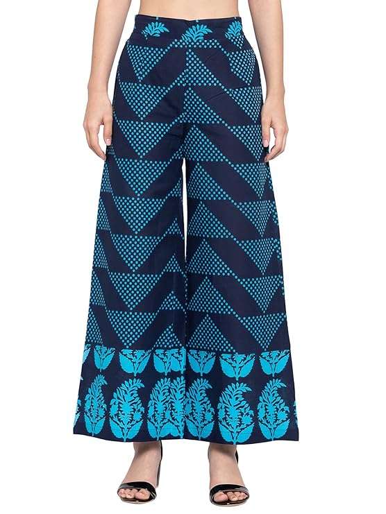 Indibelle Cotton Polka Dot Print A-Line Palazzo Pant (Blue)