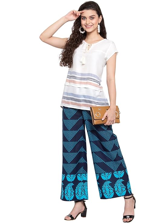 Indibelle Cotton Polka Dot Print A-Line Palazzo Pant (Blue)