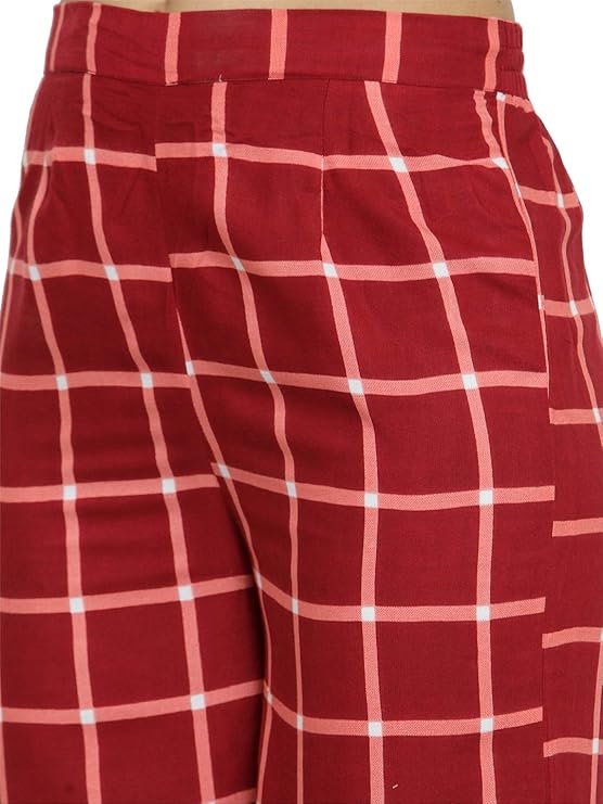 Indibelle Rayon Checkered Printed Straight Palazzos Pants (Maroon)