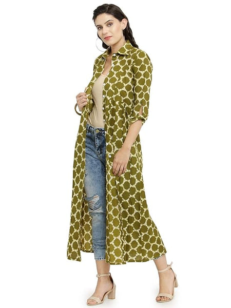 Indibelle Cotton Printed Long Cape (Green)