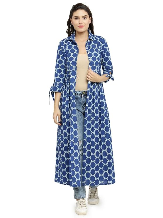 Indibelle Cotton Printed Long Cape (Blue)