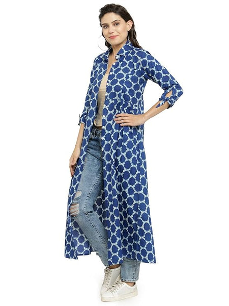 Indibelle Cotton Printed Long Cape (Blue)