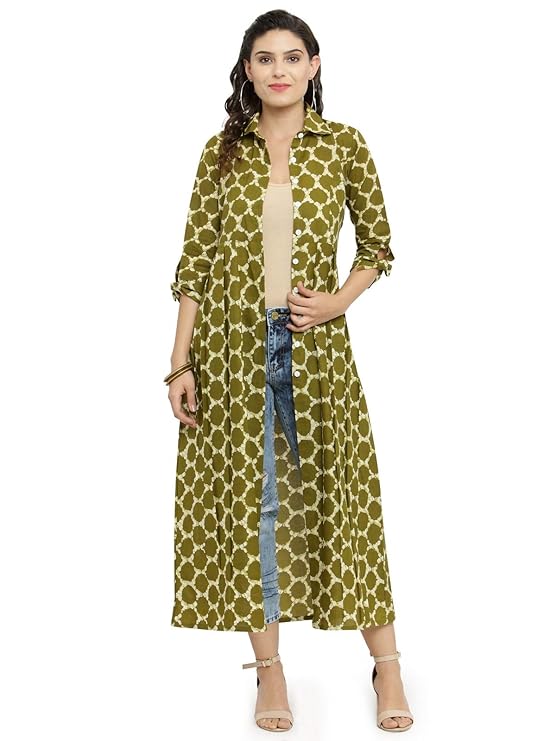 Indibelle Cotton Printed Long Cape (Green)