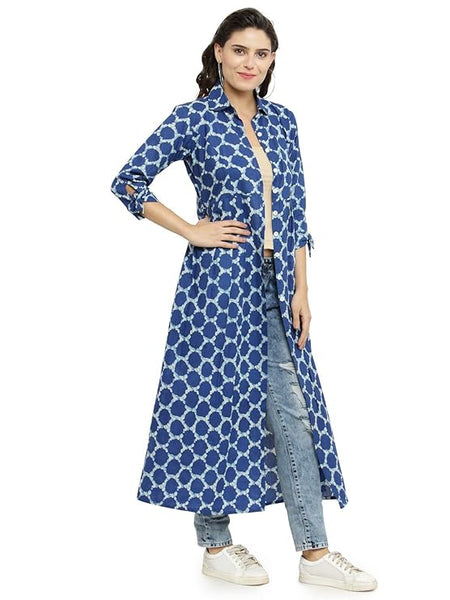 Indibelle Cotton Printed Long Cape (Blue)