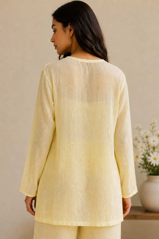 Indibelle Butter Yellow Wrinkle Rayon Relaxed-Fit Co-ord Set