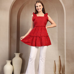 Indibelle Cotton Maroon Schffli Tunic Top