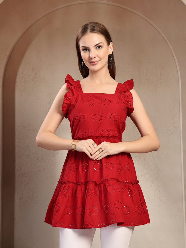 Indibelle Cotton Maroon Schffli Tunic Top