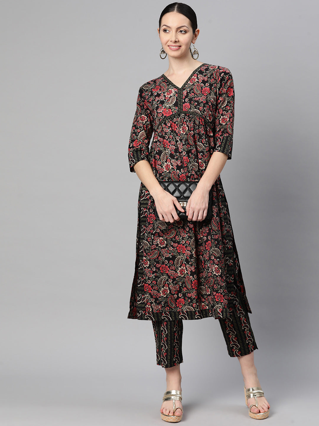 Indibelle Cotton Black Floral Paisley print Nayra Cut Kurta 