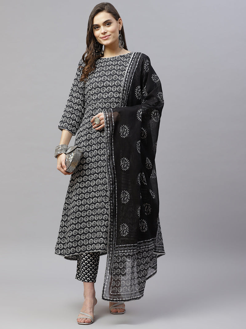 Indibelle Cotton Black Floral Print A-Line Kurta set