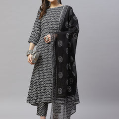 Indibelle Cotton Black Floral Print A-Line Kurta set