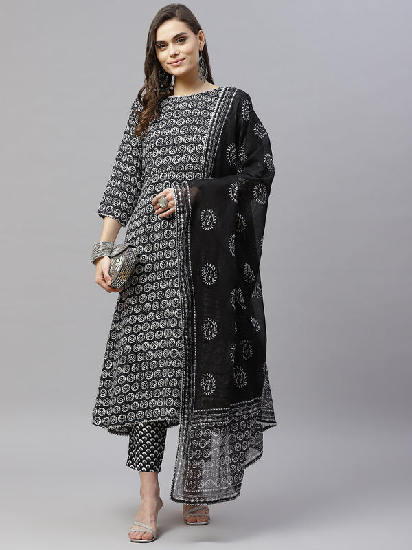 Indibelle Cotton Black Floral Print A-Line Kurta set