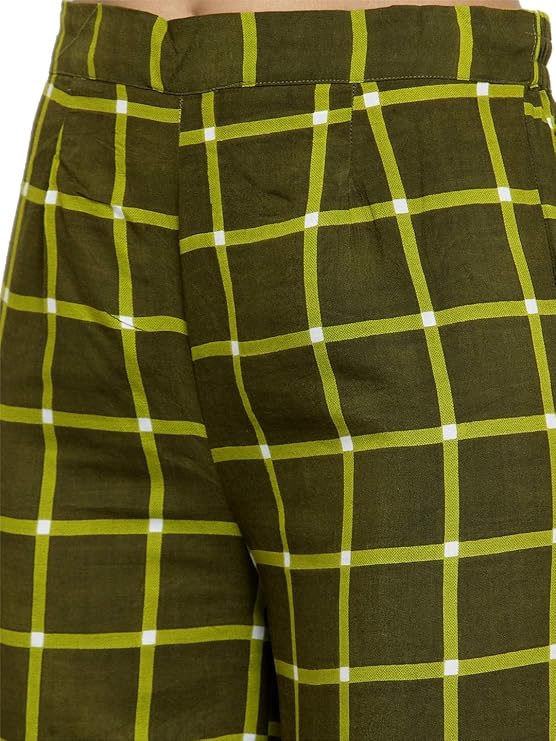 Indibelle Rayon Checkered Printed Straight Palazzos Pants (Green)