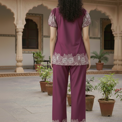 Women Purple Printed Cotton Puff Sleeve Co-Ord Set