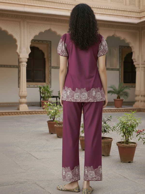 Women Purple Printed Cotton Puff Sleeve Co-Ord Set