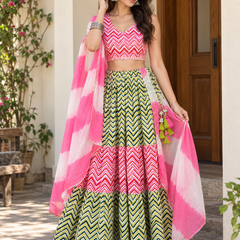 Pink And Green Printed Lehenga Set