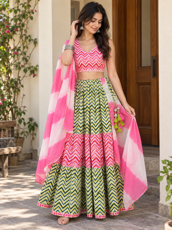 Pink And Green Printed Lehenga Set