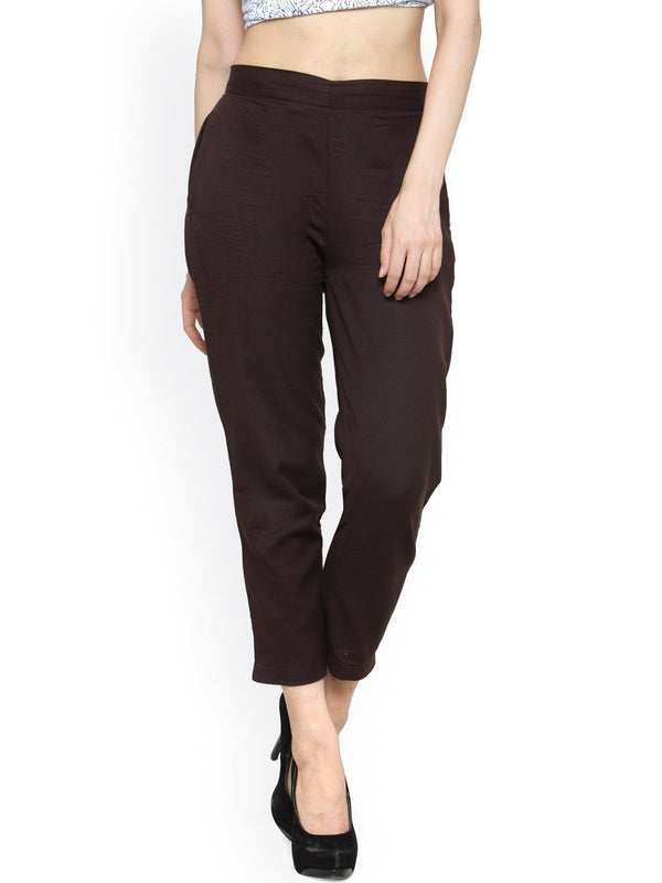 Indibelle Cotton Solid Brown Trousers