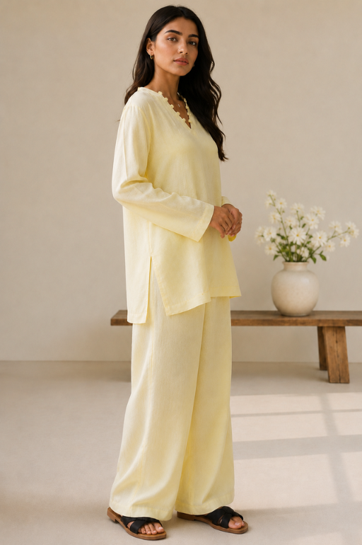Indibelle Butter Yellow Wrinkle Rayon Relaxed-Fit Co-ord Set