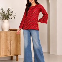 Indibelle Maroon Printed Cotton Short Kurti