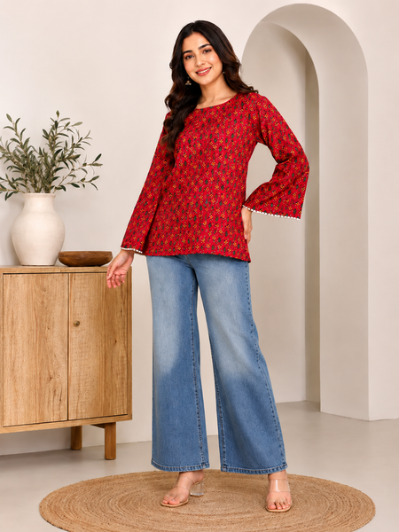 Indibelle Red Printed Cotton Short Kurti