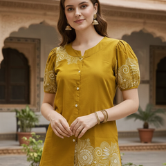 Women Mustard Printed Cotton Puff Sleeve Co-Ord Set