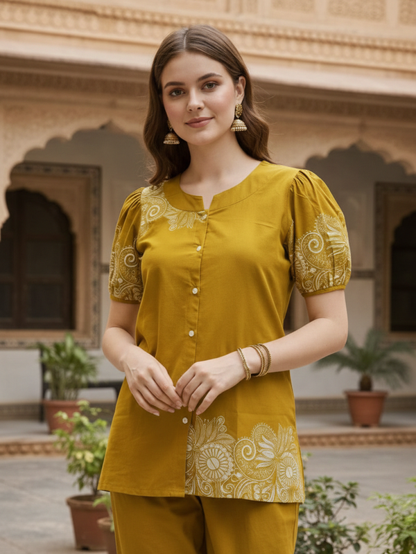 Women Mustard Printed Cotton Puff Sleeve Co-Ord Set