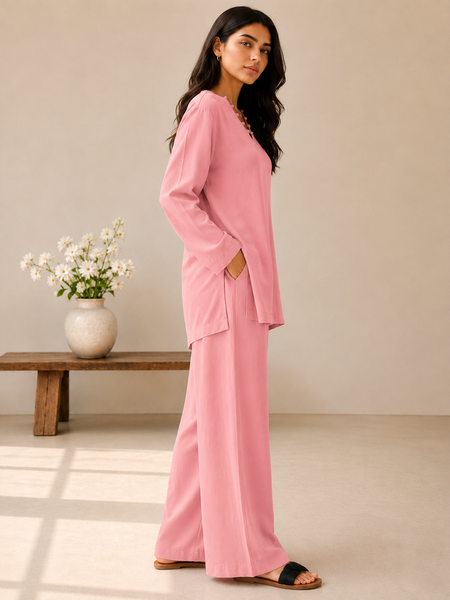 Indibelle Pastel Pink Wrinkle Rayon Relaxed-Fit Co-ord Set