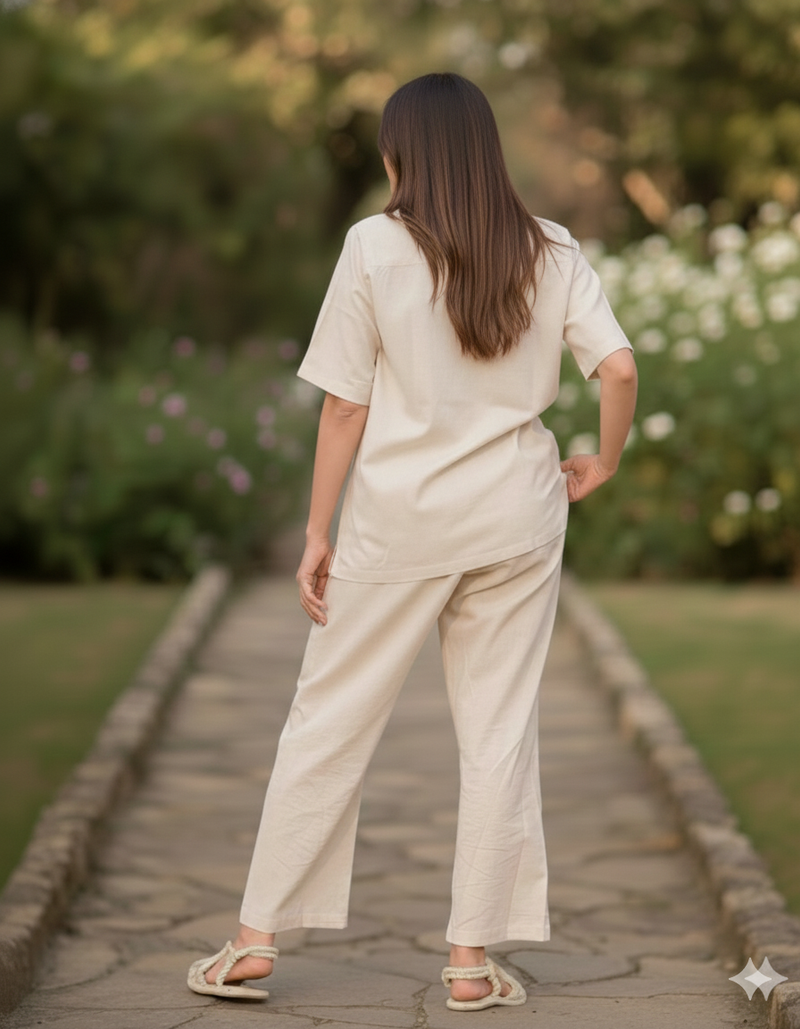 3-Piece Linen Co-Ord Set with Smocked Crop Top & Tie-Up Pants