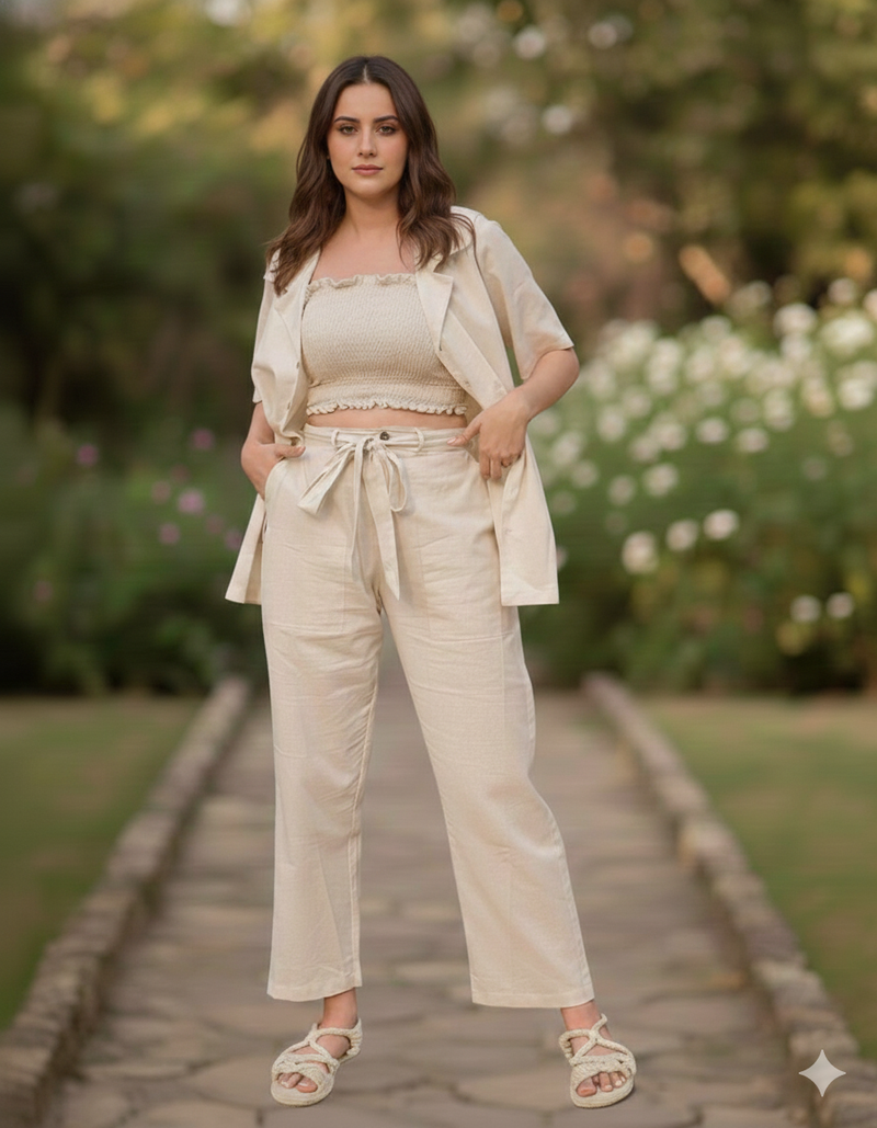 3-Piece Linen Co-Ord Set with Smocked Crop Top & Tie-Up Pants