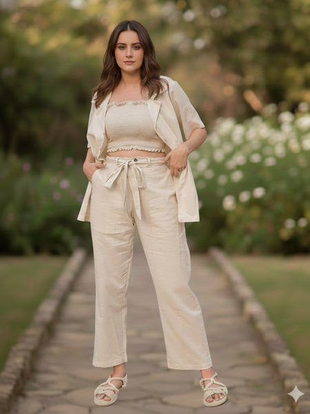 3-Piece Linen Co-Ord Set with Smocked Crop Top & Tie-Up Pants