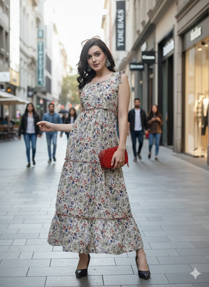 Indibelle Ankle Length Tiered Maxi (Off White)