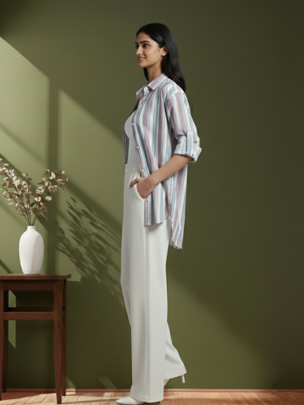 Peach Stripe Printed High-Low Shirt Side