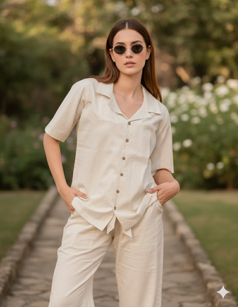 3-Piece Linen Co-Ord Set with Smocked Crop Top & Tie-Up Pants