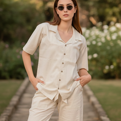 3-Piece Linen Co-Ord Set with Smocked Crop Top & Tie-Up Pants