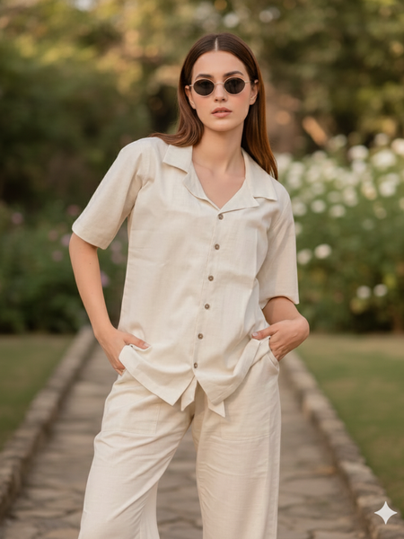 3-Piece Linen Co-Ord Set with Smocked Crop Top & Tie-Up Pants