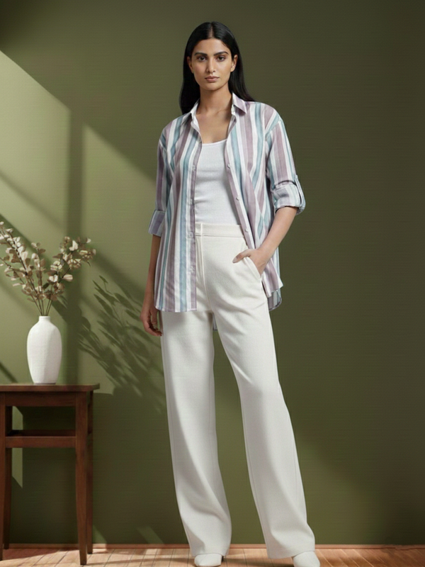 Peach Stripe Printed High-Low Shirt