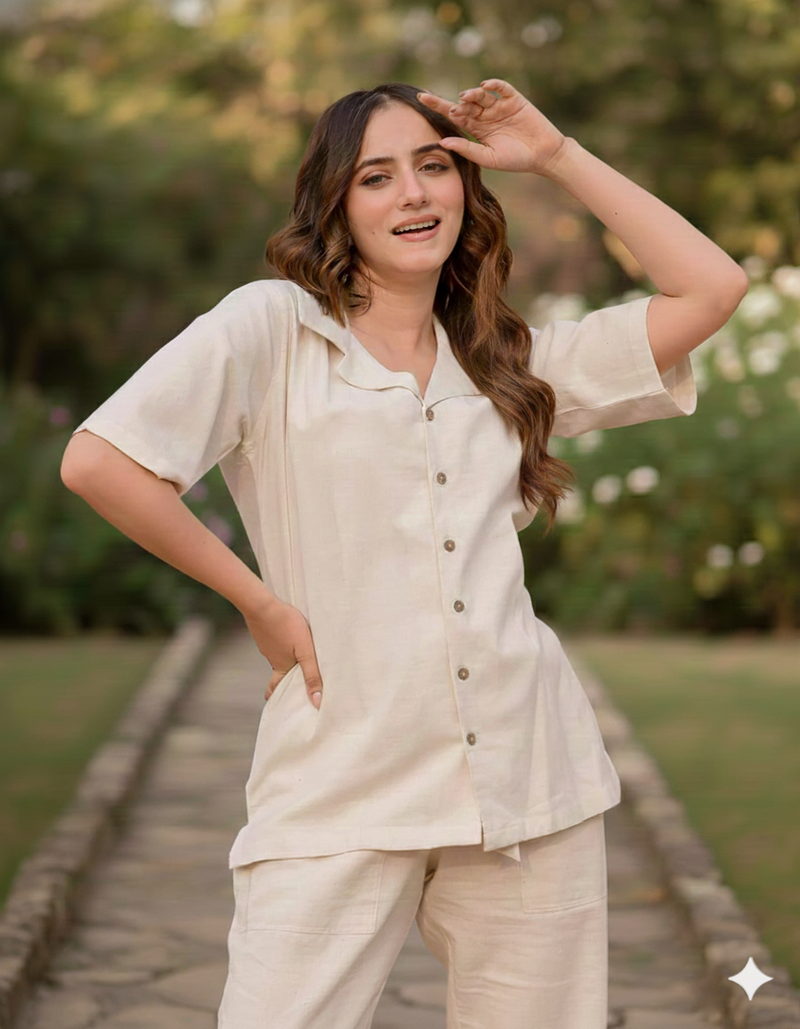 3-Piece Linen Co-Ord Set with Smocked Crop Top & Tie-Up Pants