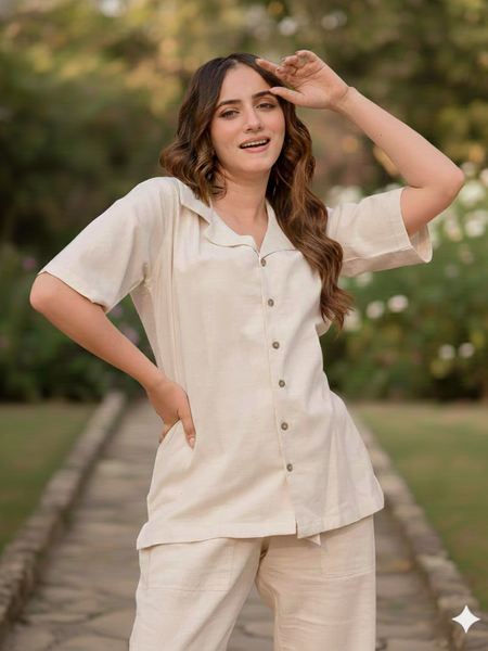 3-Piece Linen Co-Ord Set with Smocked Crop Top & Tie-Up Pants