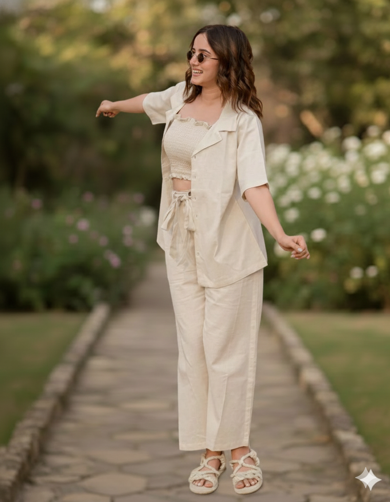 3-Piece Linen Co-Ord Set with Smocked Crop Top & Tie-Up Pants