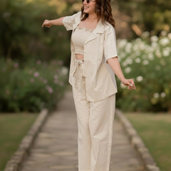 3-Piece Linen Co-Ord Set with Smocked Crop Top & Tie-Up Pants