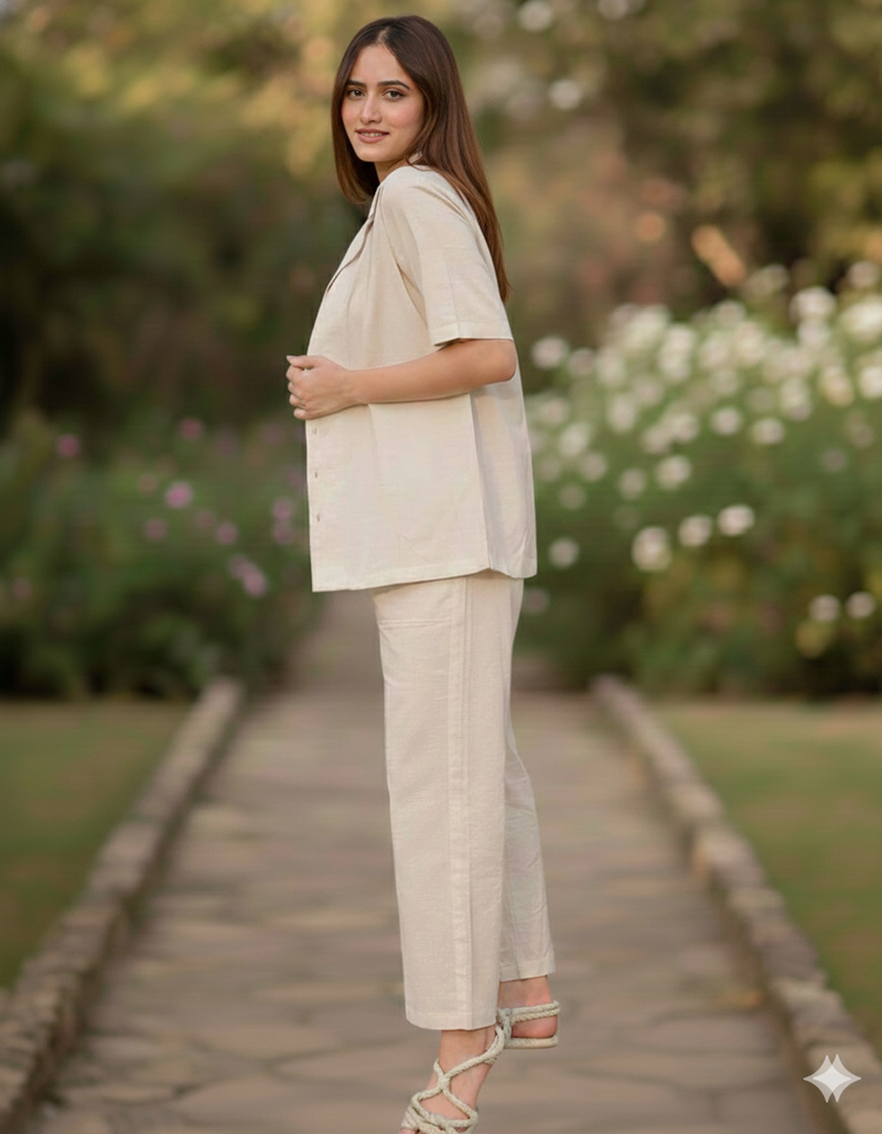 3-Piece Linen Co-Ord Set with Smocked Crop Top & Tie-Up Pants