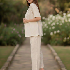 3-Piece Linen Co-Ord Set with Smocked Crop Top & Tie-Up Pants