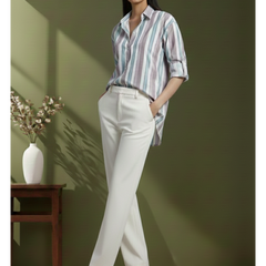 Peach Stripe Printed High-Low Shirt Front