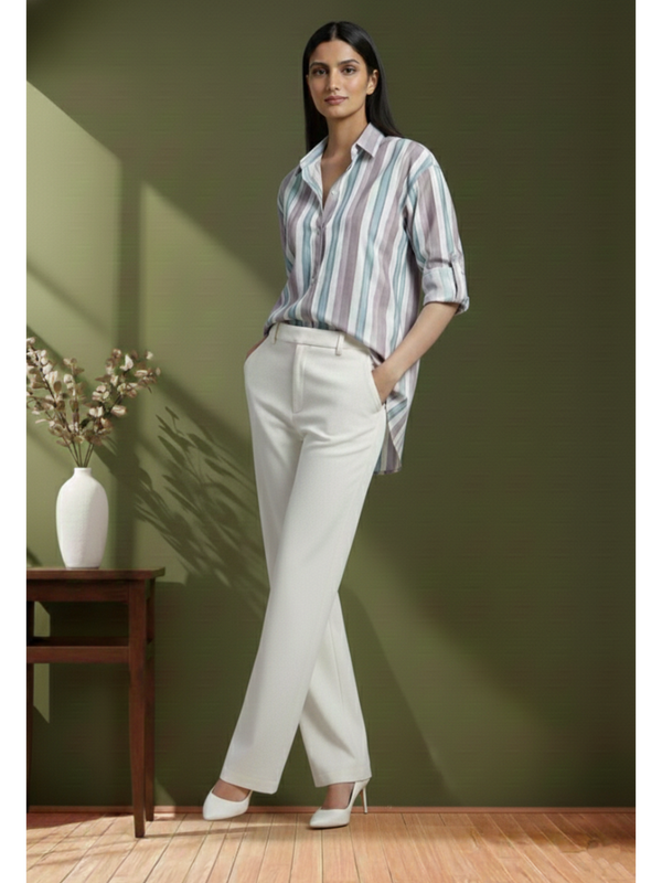 Peach Stripe Printed High-Low Shirt Front