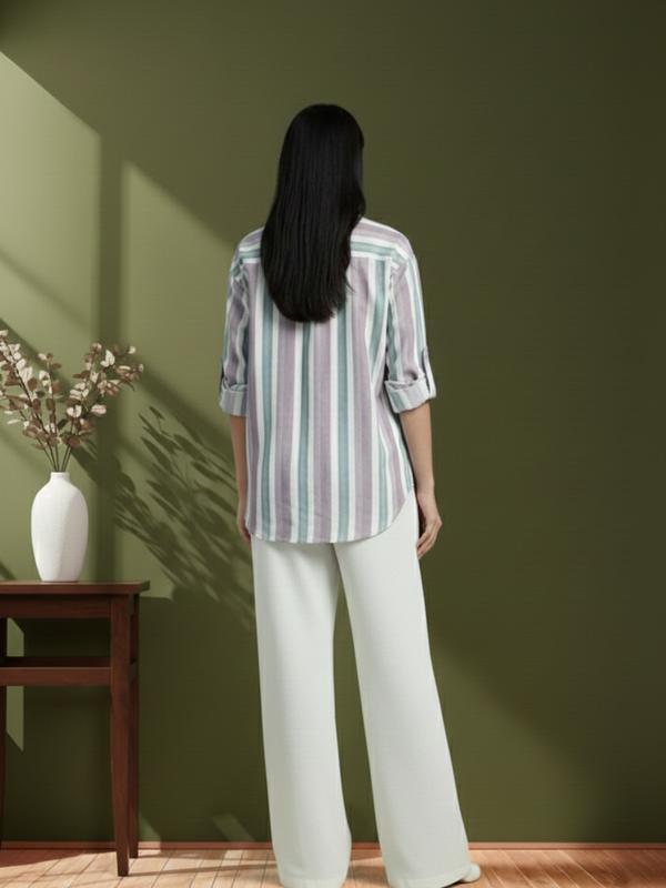 Peach Stripe Printed High-Low Shirt