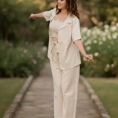 3-Piece Linen Co-Ord Set with Smocked Crop Top & Tie-Up Pants