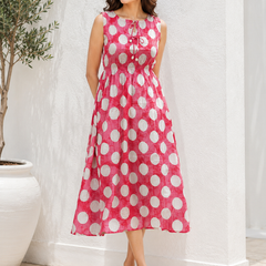 Indibelle Women's Polka Dot Printed Cotton Maxi Dress