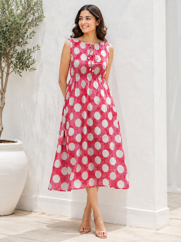 Indibelle Women's Polka Dot Printed Cotton Maxi Dress