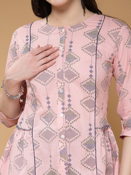 Indibelle Cotton Pink Abstract Print A-Line Top